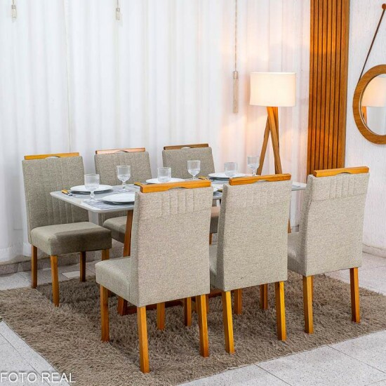 Mesa de Jantar Bali 160x80 Vidro Off Base Madeira + 6 Cadeiras Atlanta Linho Bege Minas Plac - Entregue Montada