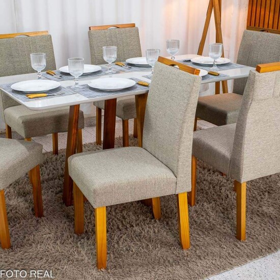 Mesa de Jantar Bali 160x80 Vidro Off Base Madeira + 6 Cadeiras Atlanta Linho Bege Minas Plac - Entregue Montada