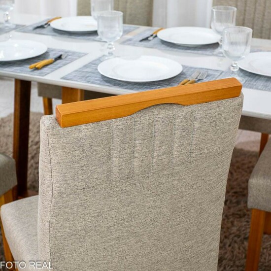 Mesa de Jantar Bali 160x80 Vidro Off Base Madeira + 6 Cadeiras Atlanta Linho Bege Minas Plac - Entregue Montada
