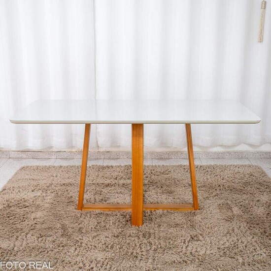 Mesa de Jantar Bali 160x80 Vidro Off Base Madeira + 6 Cadeiras Atlanta Linho Bege Minas Plac - Entregue Montada
