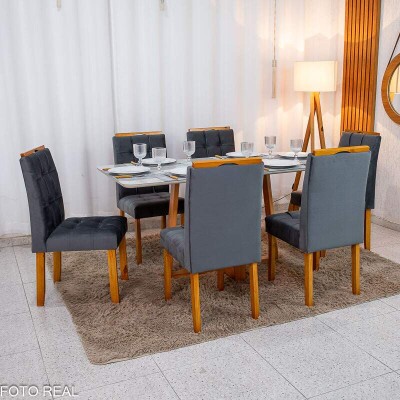Mesa de Jantar Bali 160x80 Vidro Off Base Madeira + 6 Cadeiras Londres Veludo Chumbo Minas Plac - Entregue Montada