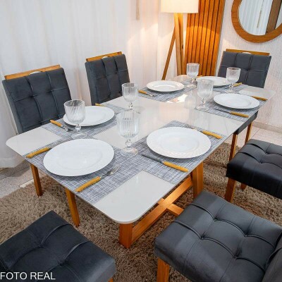 Mesa de Jantar Bali 160x80 Vidro Off Base Madeira + 6 Cadeiras Londres Veludo Chumbo Minas Plac - Entregue Montada