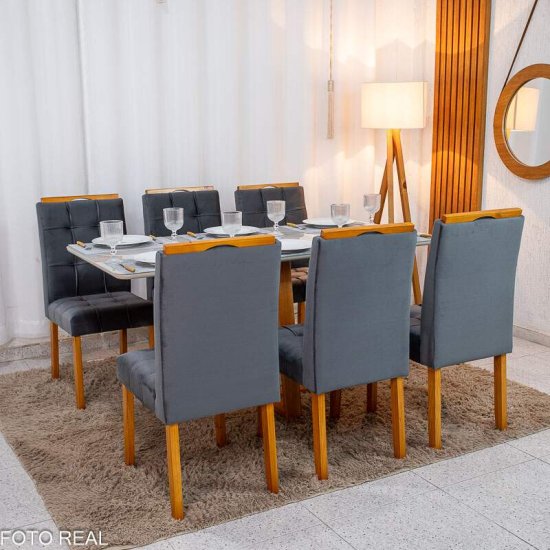 Mesa de Jantar Bali 160x80 Vidro Off Base Madeira + 6 Cadeiras Londres Veludo Chumbo Minas Plac - Entregue Montada