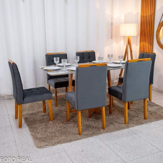 Mesa de Jantar Bali 160x80 Vidro Off Base Madeira + 6 Cadeiras Londres Veludo Chumbo Minas Plac - Entregue Montada