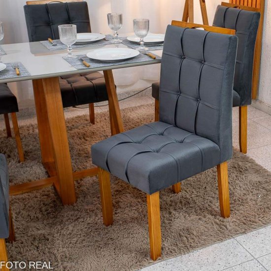 Mesa de Jantar Bali 160x80 Vidro Off Base Madeira + 6 Cadeiras Londres Veludo Chumbo Minas Plac - Entregue Montada