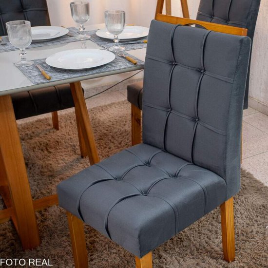 Mesa de Jantar Bali 160x80 Vidro Off Base Madeira + 6 Cadeiras Londres Veludo Chumbo Minas Plac - Entregue Montada