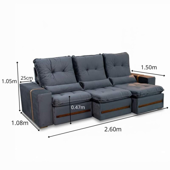 Sof� Retr�til Reclin�vel Montreal 2,60m Veludo Cinza - D33