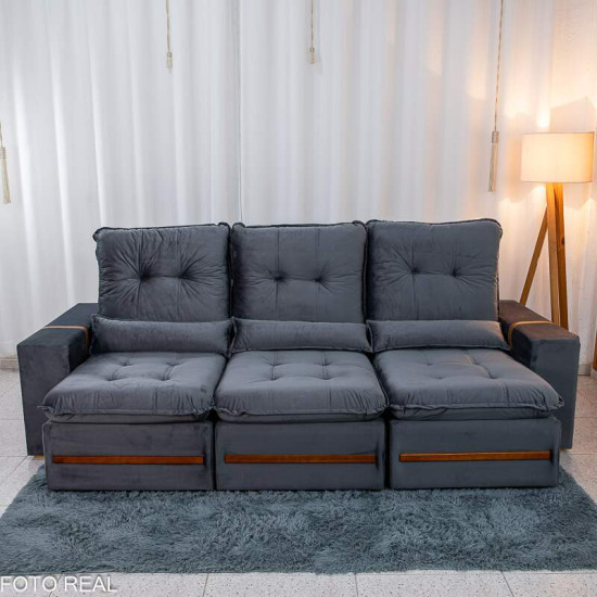 Sof� Retr�til Reclin�vel Montreal 2,60m Veludo Cinza - D33