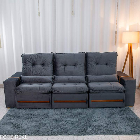 Sof� Retr�til Reclin�vel Montreal 2,60m Veludo Cinza - D33