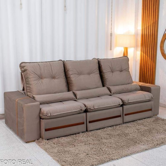 Sof� Retr�til Reclin�vel Montreal 2.60m Veludo Bege - D33