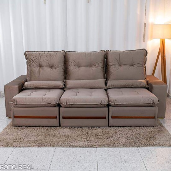 Sof� Retr�til Reclin�vel Montreal 2.60m Veludo Bege - D33