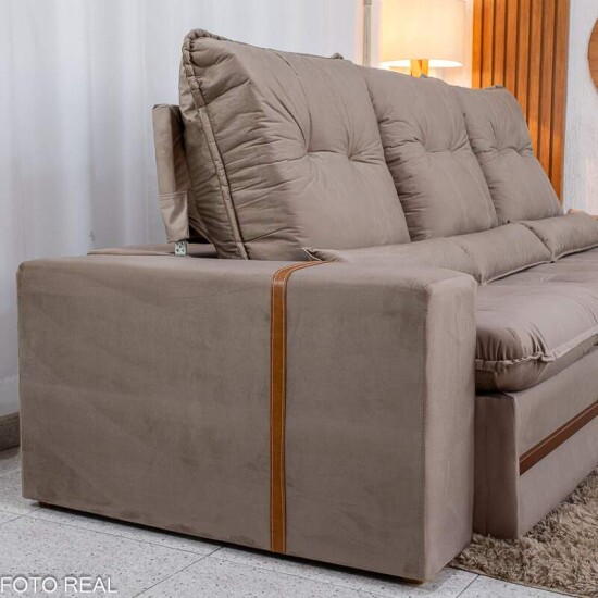 Sof� Retr�til Reclin�vel Montreal 2.60m Veludo Bege - D33