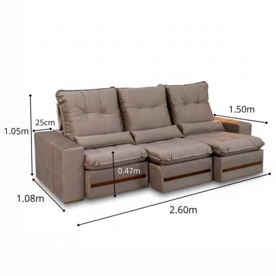Sof� Retr�til Reclin�vel Montreal 2.60m Veludo Bege - D33