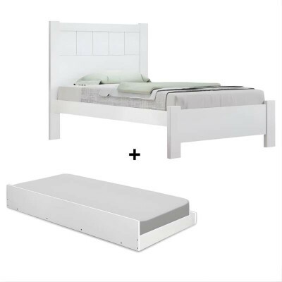 Cama Solteiro Primcia Branco 100% MDF D Doro + Cama Auxiliar Barcelona Branco Tebarrot