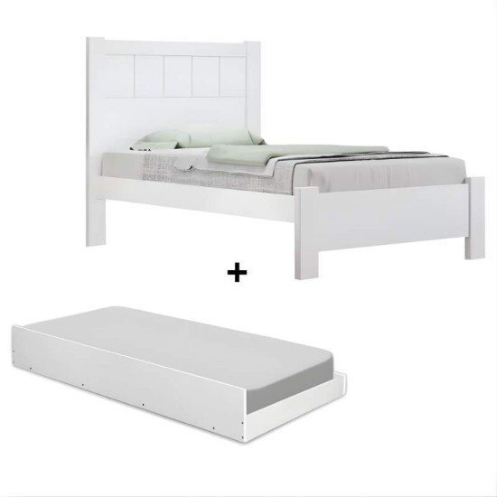 Cama Solteiro Primcia Branco 100% MDF D Doro + Cama Auxiliar Barcelona Branco Tebarrot