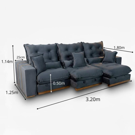 Sof� Retr�til Reclin�vel M�naco 3,20m Veludo Cinza A15 - Molas Ensacadas