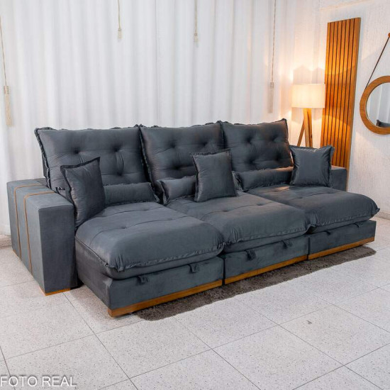 Sof� Retr�til Reclin�vel M�naco 3,20m Veludo Cinza A15 - Molas Ensacadas