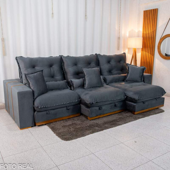 Sof� Retr�til Reclin�vel M�naco 3,20m Veludo Cinza A15 - Molas Ensacadas