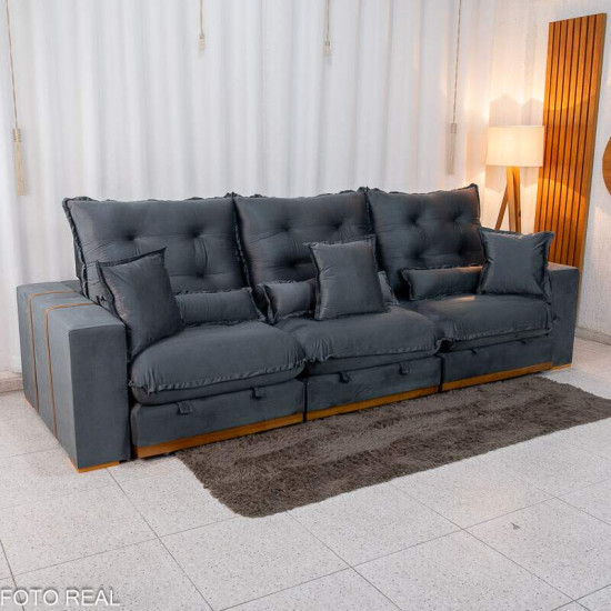 Sof� Retr�til Reclin�vel M�naco 3,20m Veludo Cinza A15 - Molas Ensacadas
