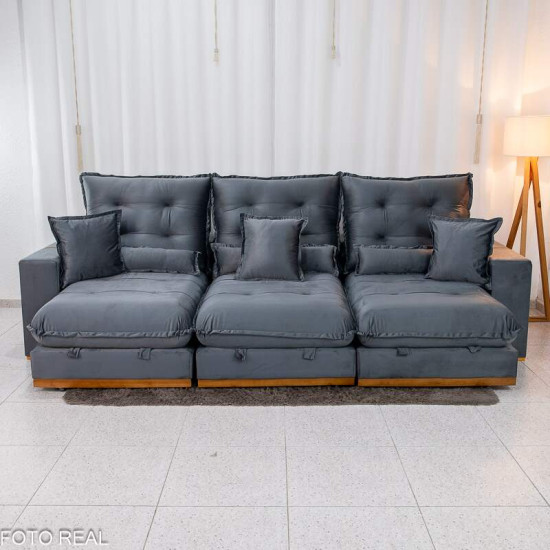 Sof� Retr�til Reclin�vel M�naco 3,20m Veludo Cinza A15 - Molas Ensacadas