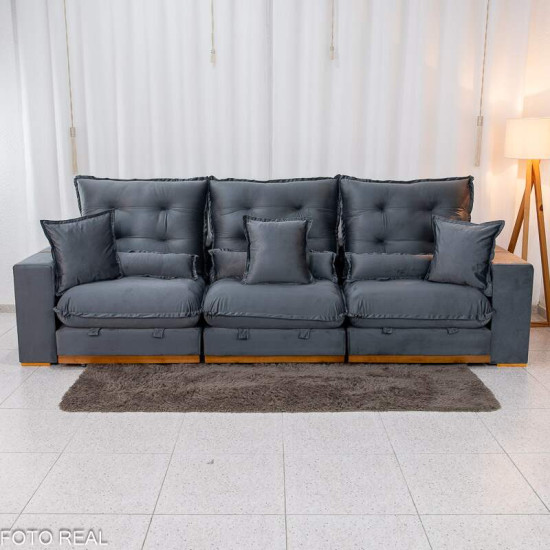 Sof� Retr�til Reclin�vel M�naco 3,20m Veludo Cinza A15 - Molas Ensacadas