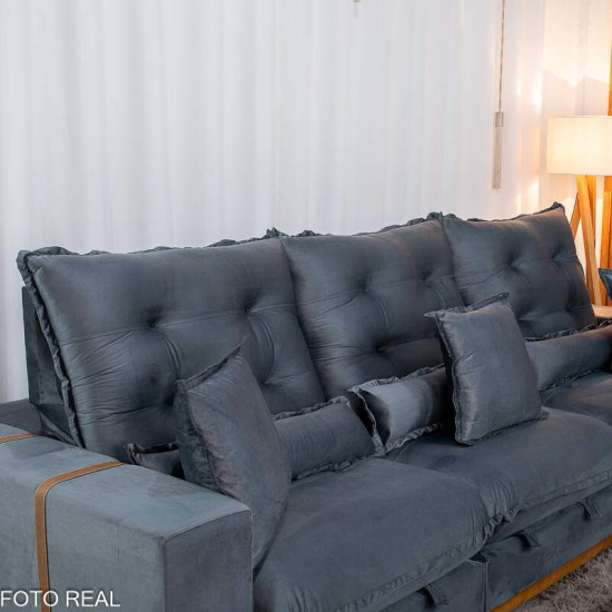 Sof� Retr�til Reclin�vel M�naco 3,20m Veludo Cinza A15 - Molas Ensacadas