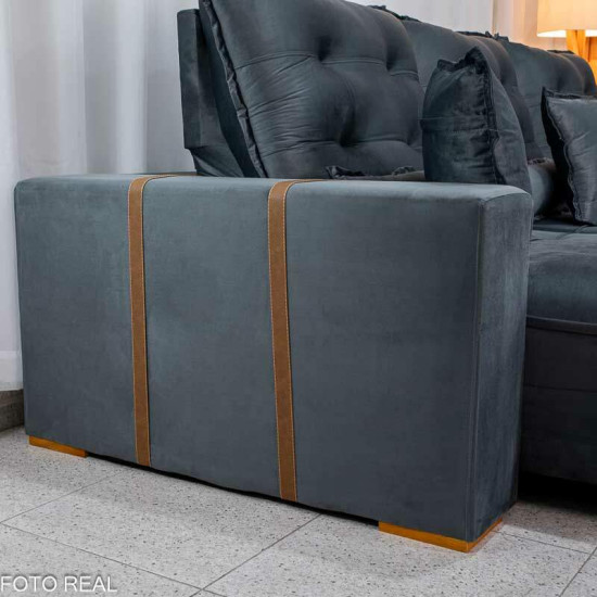 Sof� Retr�til Reclin�vel M�naco 3,20m Veludo Cinza A15 - Molas Ensacadas