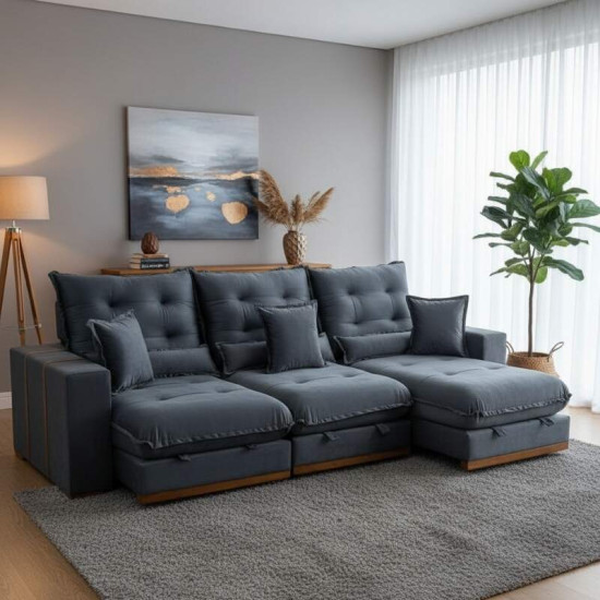 Sof� Retr�til Reclin�vel M�naco 3,20m Veludo Cinza A15 - Molas Ensacadas