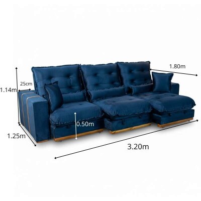 Sof Retrtil Reclinvel Mnaco 3.20m Veludo Azul A16 - Molas Ensacadas