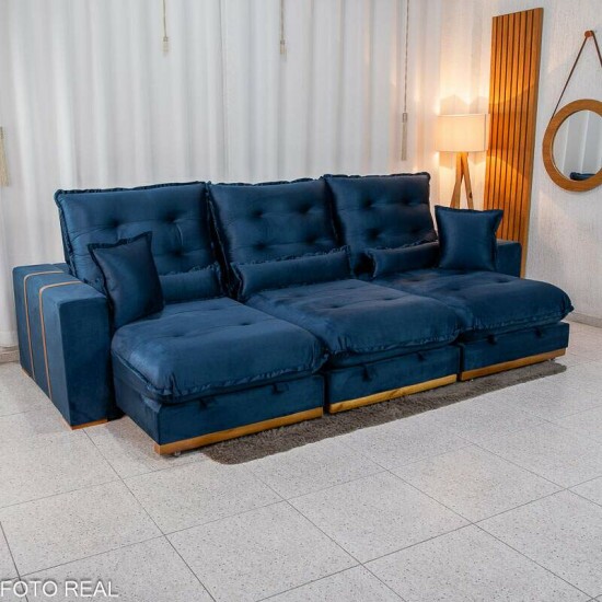 Sof Retrtil Reclinvel Mnaco 3.20m Veludo Azul A16 - Molas Ensacadas