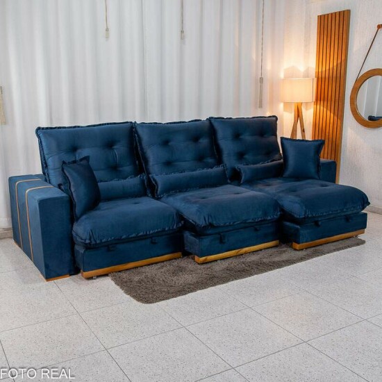 Sof Retrtil Reclinvel Mnaco 3.20m Veludo Azul A16 - Molas Ensacadas