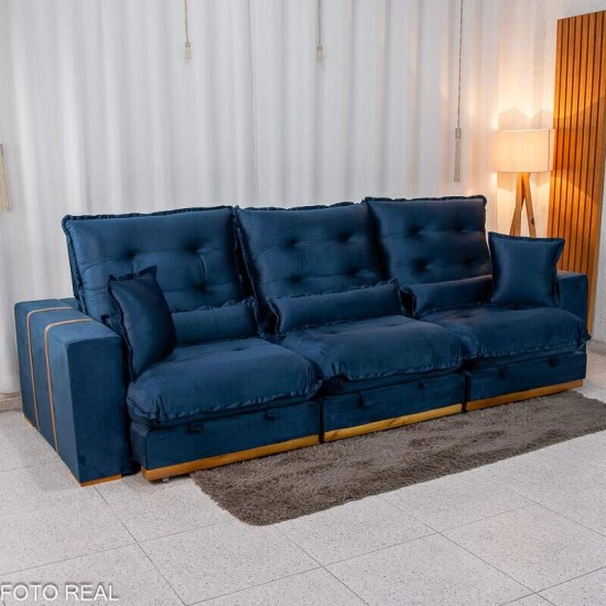 Sof Retrtil Reclinvel Mnaco 3.20m Veludo Azul A16 - Molas Ensacadas