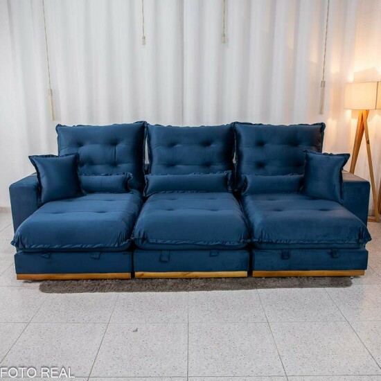 Sof Retrtil Reclinvel Mnaco 3.20m Veludo Azul A16 - Molas Ensacadas