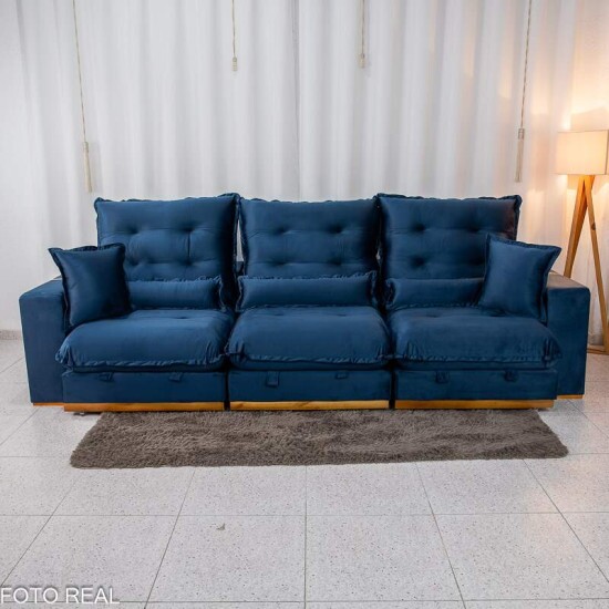 Sof Retrtil Reclinvel Mnaco 3.20m Veludo Azul A16 - Molas Ensacadas
