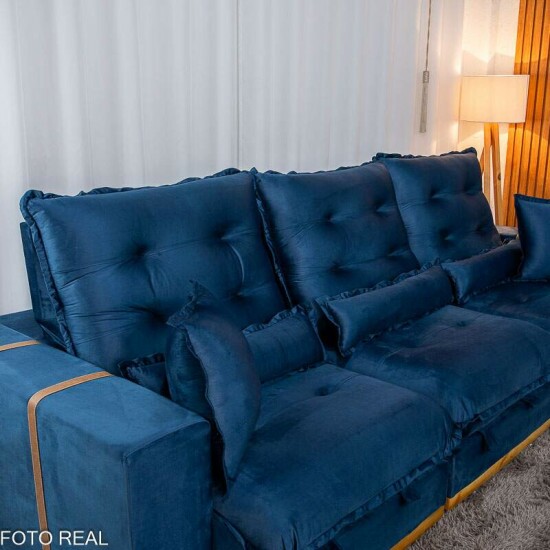 Sof Retrtil Reclinvel Mnaco 3.20m Veludo Azul A16 - Molas Ensacadas