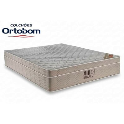 Colcho Queen Airtech Springpocket 158x198x25 Ortobom + Box Ba Queen Bipartido Eli Milo Korino Bege Blindado Nature 158x198x67 | Suporta at 240kg