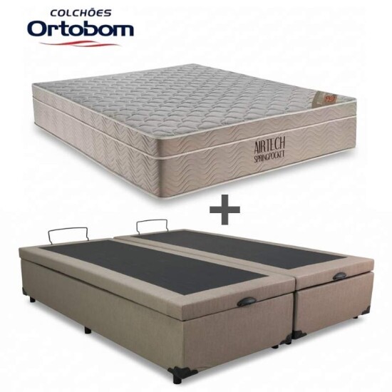 Colcho Queen Airtech Springpocket 158x198x25 Ortobom + Box Ba Queen Bipartido Eli Milo Korino Bege Blindado Nature 158x198x67 | Suporta at 240kg