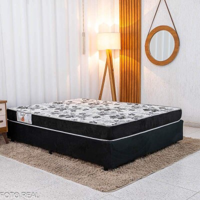 Box Casal Sued Preto Ortobel + Colcho Casal Sant 100% Espuma D33 138x188x46 - Nosso Sonho | Suporta at 240kg