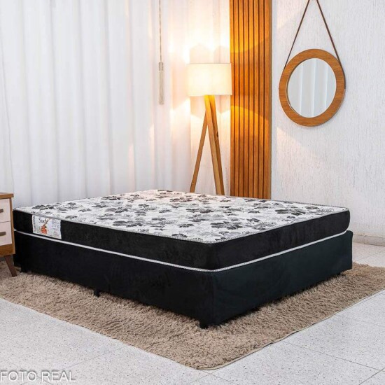 Box Casal Sued Preto Ortobel + Colcho Casal Sant 100% Espuma D33 138x188x46 - Nosso Sonho | Suporta at 240kg