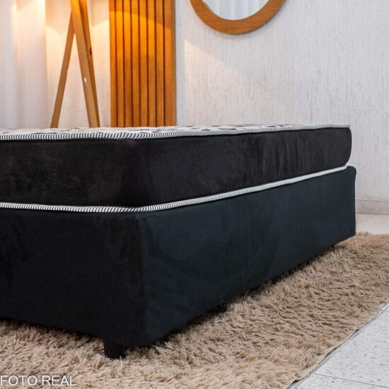 Box Casal Sued Preto Ortobel + Colcho Casal Sant 100% Espuma D33 138x188x46 - Nosso Sonho | Suporta at 240kg
