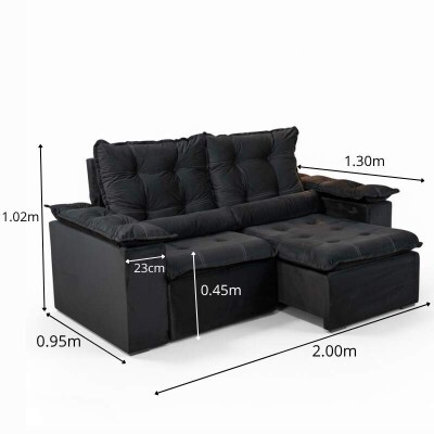 Sof� Retr�til Reclin�vel Gr�cia 2.00m Veludo Preto - Sem caixa