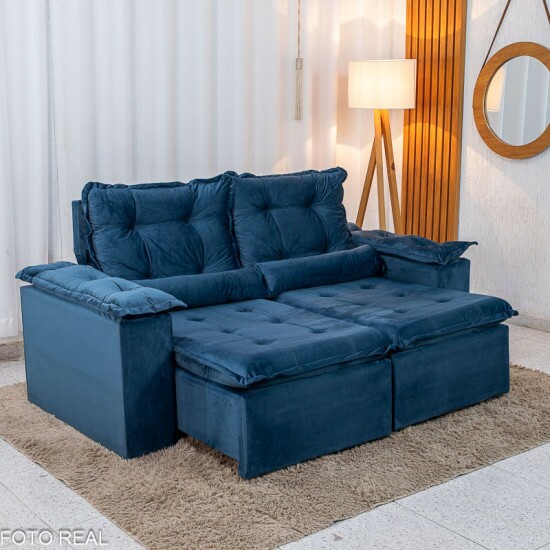 Sof� Retr�til Reclin�vel Gr�cia 2.00m Veludo Azul - Sem caixa