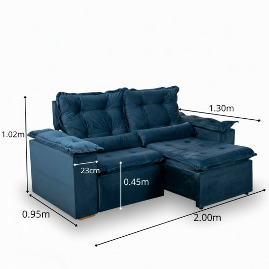 Sof� Retr�til Reclin�vel Gr�cia 2.00m Veludo Azul - Sem caixa