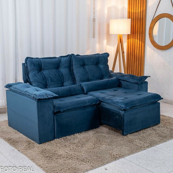 Sof� Retr�til Reclin�vel Gr�cia 2.00m Veludo Azul - Sem caixa
