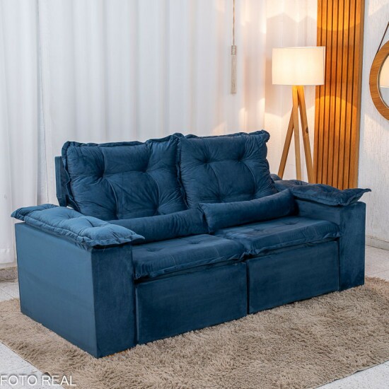 Sof� Retr�til Reclin�vel Gr�cia 2.00m Veludo Azul - Sem caixa
