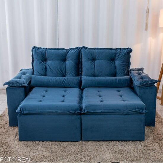Sof� Retr�til Reclin�vel Gr�cia 2.00m Veludo Azul - Sem caixa