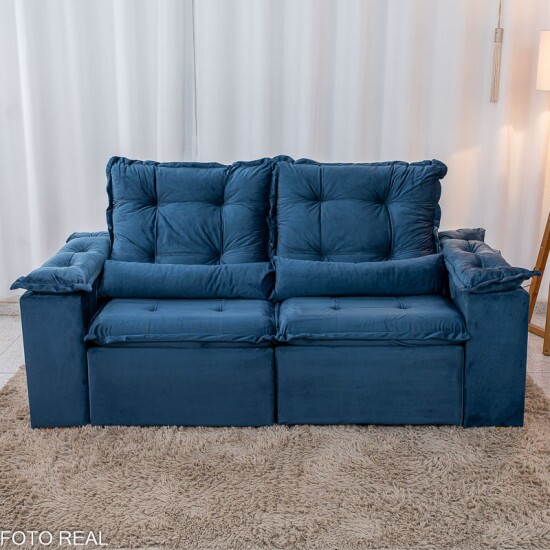Sof� Retr�til Reclin�vel Gr�cia 2.00m Veludo Azul - Sem caixa