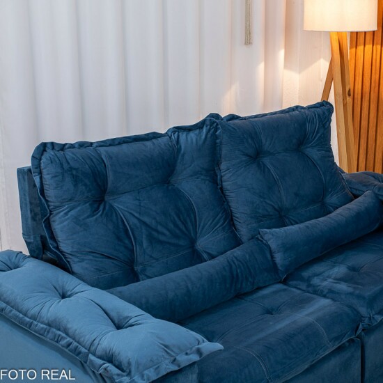 Sof� Retr�til Reclin�vel Gr�cia 2.00m Veludo Azul - Sem caixa