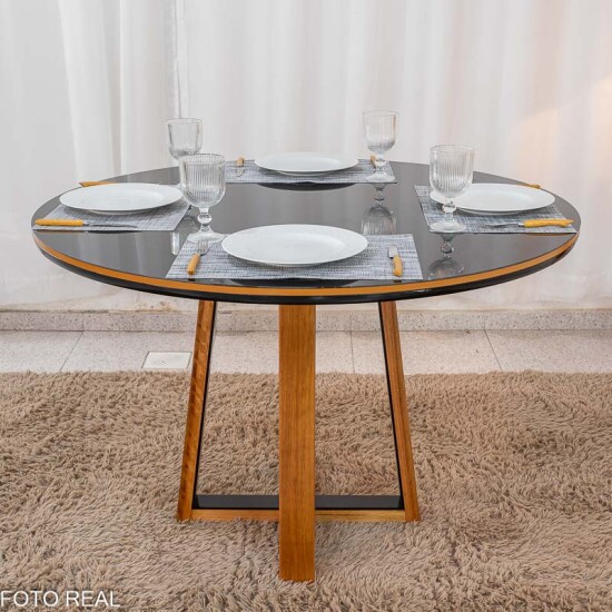 Mesa de Jantar Atlanta Redonda 120cm Vidro Preto/Base Madeira - Minas Plac