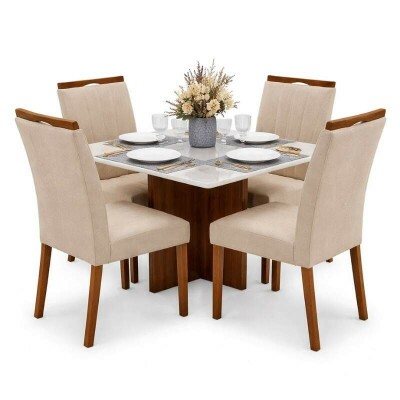 Mesa de Jantar Moscou 90x90 Vidro Off Base Cinamomo Minas Plac + 4 Cadeiras Isabela Linho Bege 01 Estrutura Madeira KM Decor | Entregue Montada